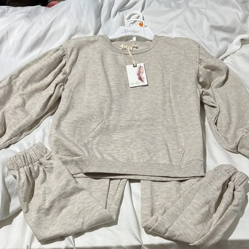 Jessica Simpson 7/8 Stylish Beige oatmeal sweatsuit track suit jogger pants nwt